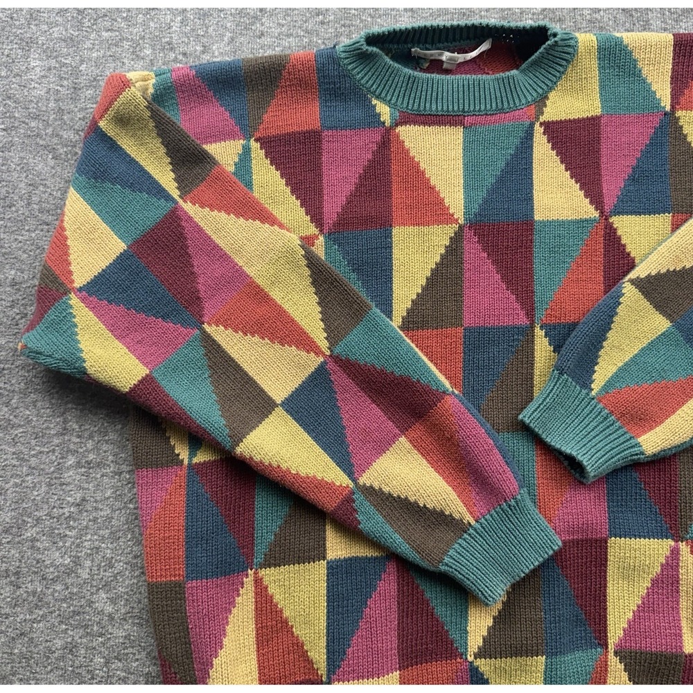 Perry Ellis‎ Knit Sweater Sz L Multicolor Abstract AOP Diamond Triangle Vtg